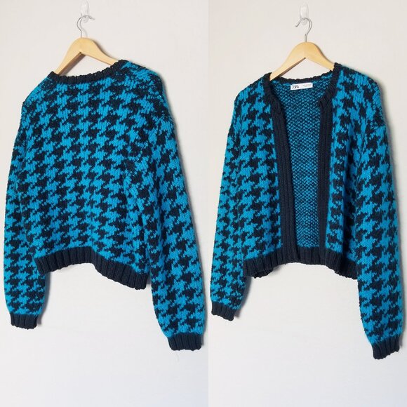 Zara‎ Houndstooth Chunky Blue Black Open Front Cardigan L Slouchy Preppy Casual - Picture 15 of 16
